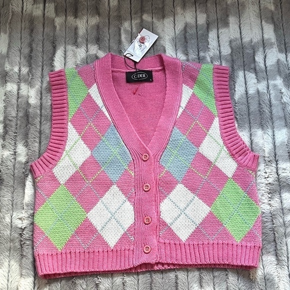 Cider Soft Diamond Check Pattern Patchy Knit Button Front Vest Pink Size Large - Picture 3 of 8
